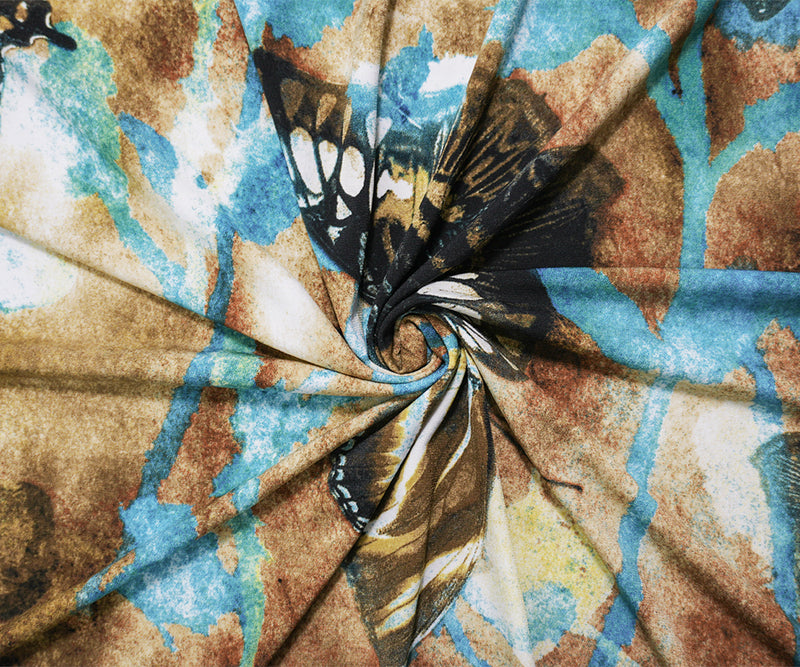 Brown-Multi Poly Stretch Butterfly Print ITY Jersey Knit Fabric