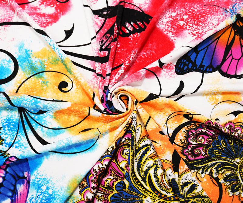 Orange-Multi Poly Stretch Butterfly Print ITY Jersey Knit Fabric