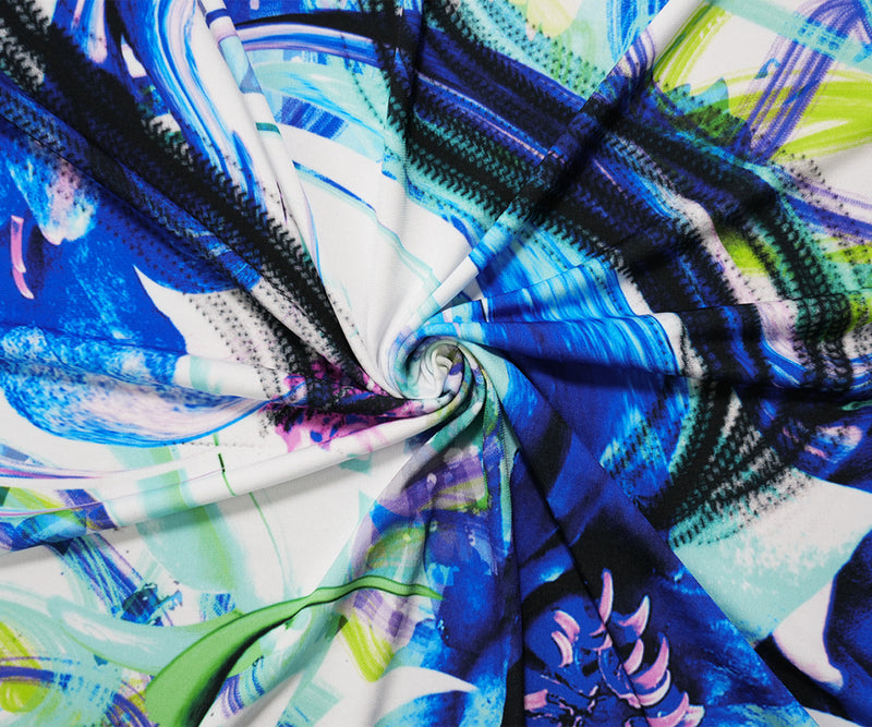 3 YD PC-Blue-Multi Poly Abstract Floral Print ITY Jersey Knit Fabric
