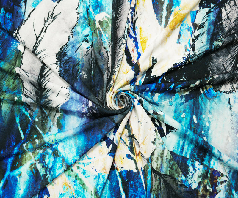 Blue-Multi Poly Stretch Feather Printed ITY Jersey Knit Fabric
