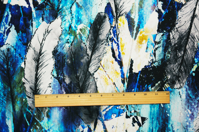 Blue-Multi Poly Stretch Feather Printed ITY Jersey Knit Fabric