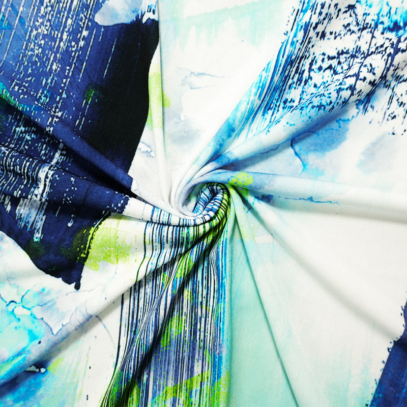 2 1/4 YD PC-Blue-Green-White Poly Stretch Abstract Printed ITY Jersey Knit Fabric