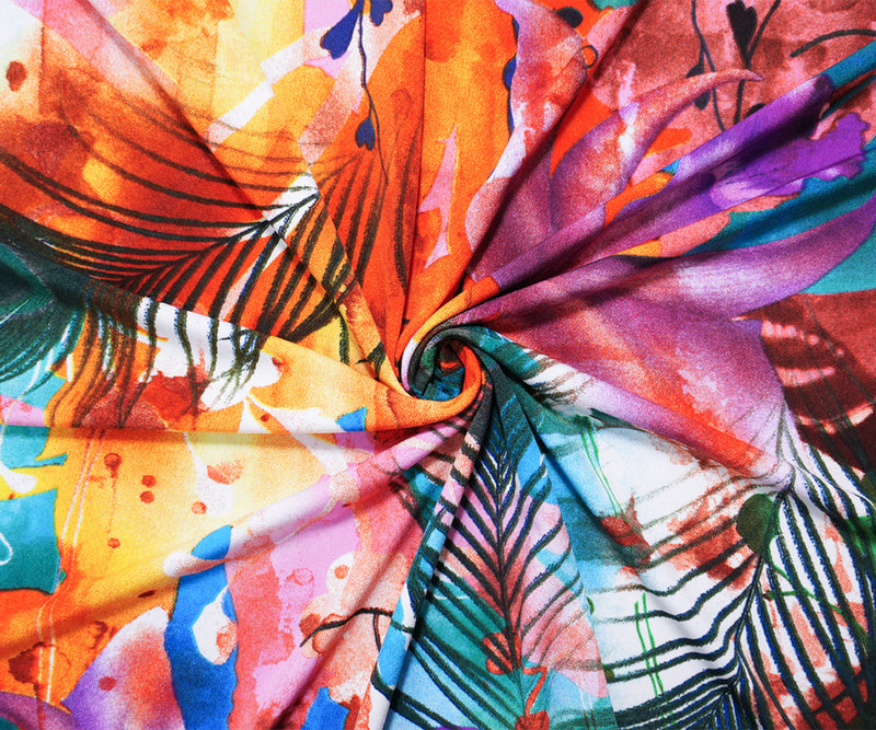 Orange-Multi Poly Stretch Feathers Printed ITY Jersey Knit Fabric