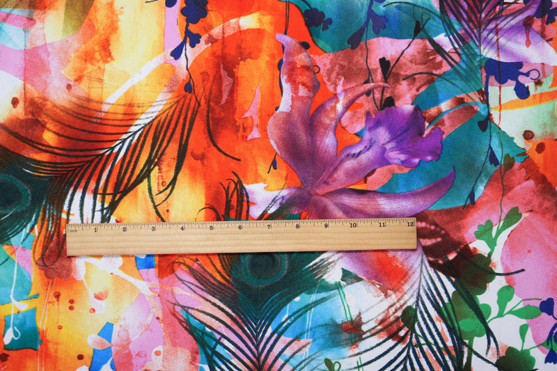 Orange-Multi Poly Stretch Feathers Printed ITY Jersey Knit Fabric