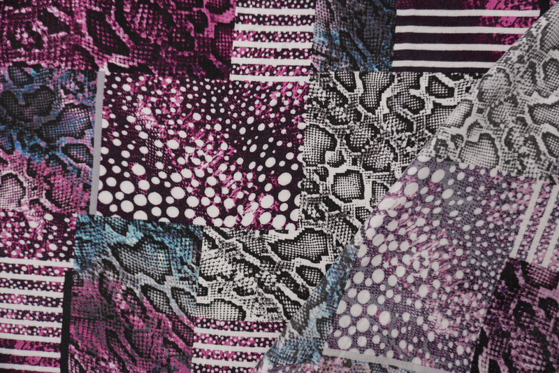 Purple-Black-Multi Rayon Reptile Printed Challis Woven Fabric