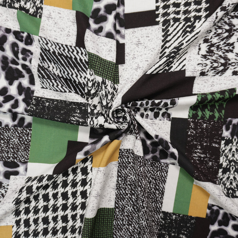 Black-White-Multi Rayon Multi Pattern Printed Challis Woven Fabric