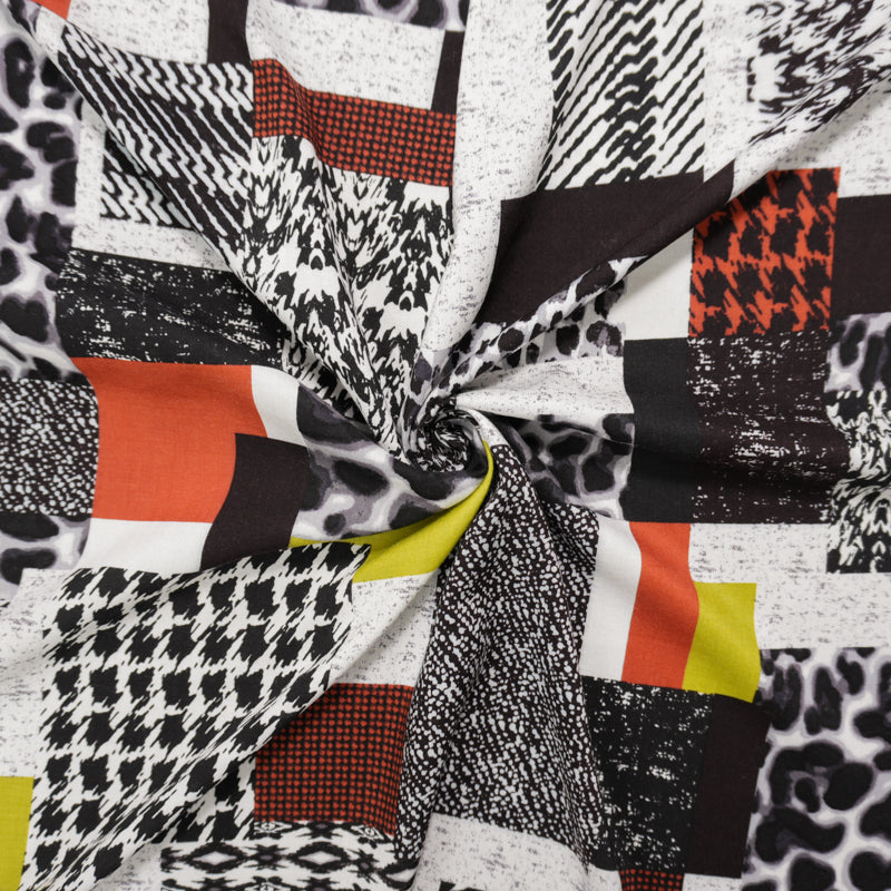 Black-White-Multi Rayon Multi Pattern Printed Challis Woven Fabric