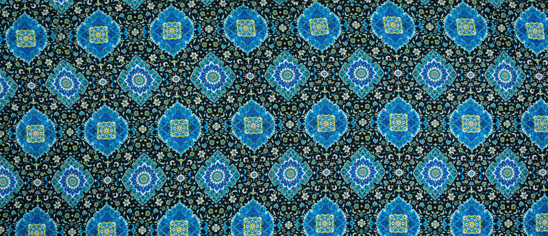Black-Blue-Multi Rayon Floral Moroccan Printed Challis Woven Fabric