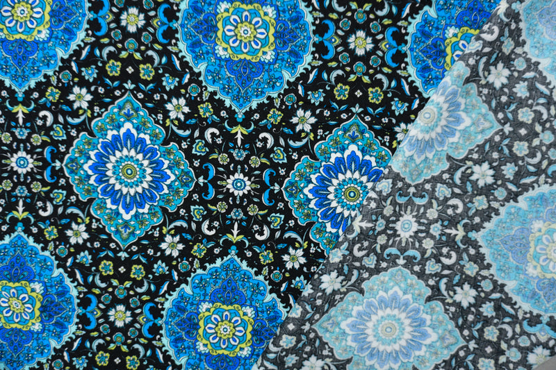Black-Blue-Multi Rayon Floral Moroccan Printed Challis Woven Fabric