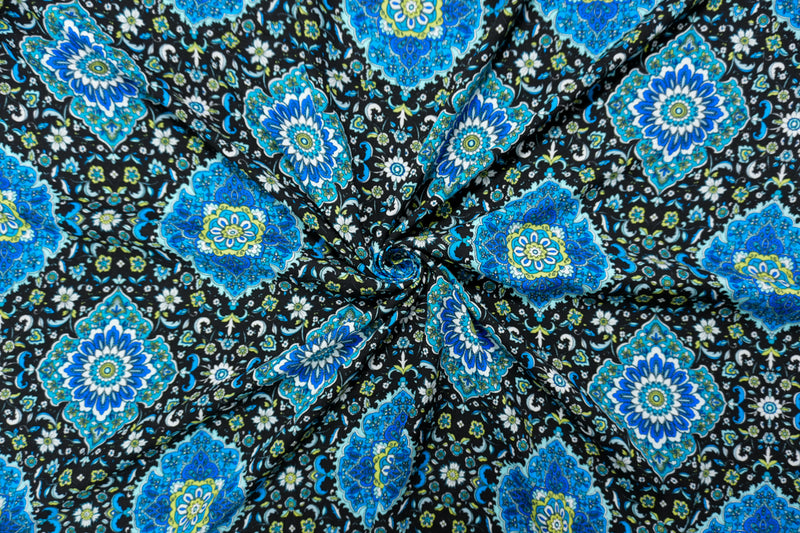 Black-Blue-Multi Rayon Floral Moroccan Printed Challis Woven Fabric
