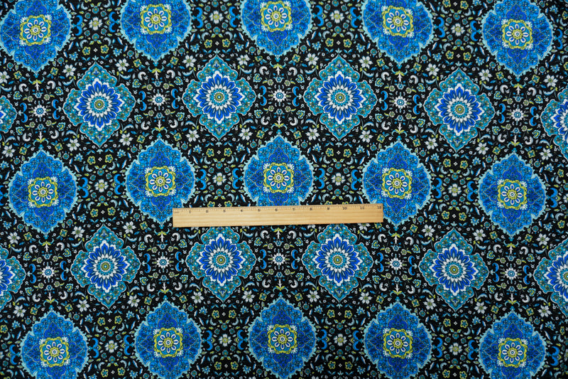 Black-Blue-Multi Rayon Floral Moroccan Printed Challis Woven Fabric