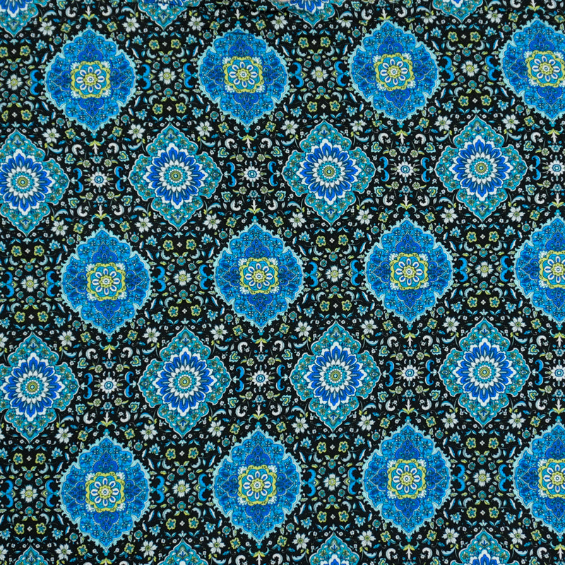 Black-Blue-Multi Rayon Floral Moroccan Printed Challis Woven Fabric