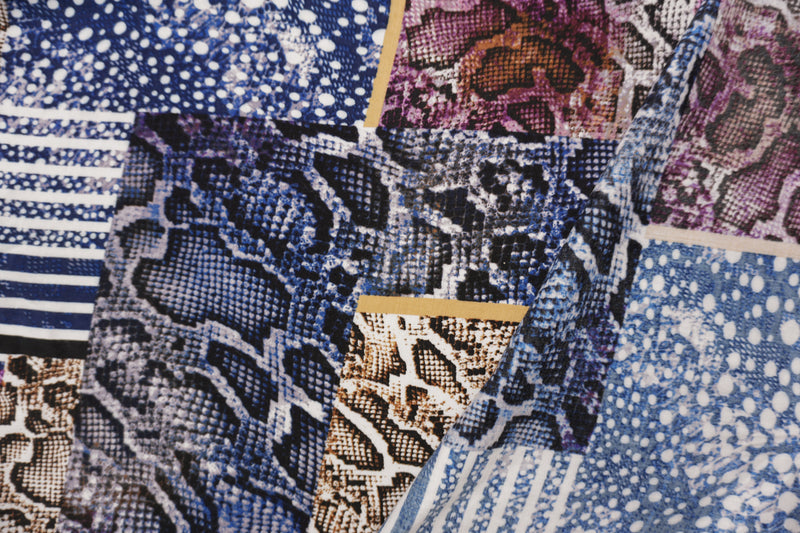 Blue-Brown-Multi Rayon Reptile Printed Challis Woven Fabric