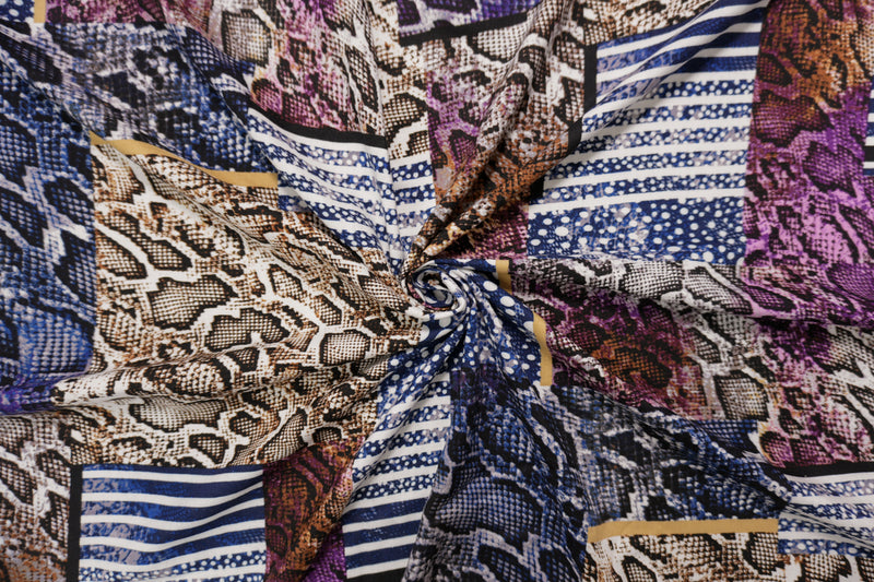 Blue-Brown-Multi Rayon Reptile Printed Challis Woven Fabric