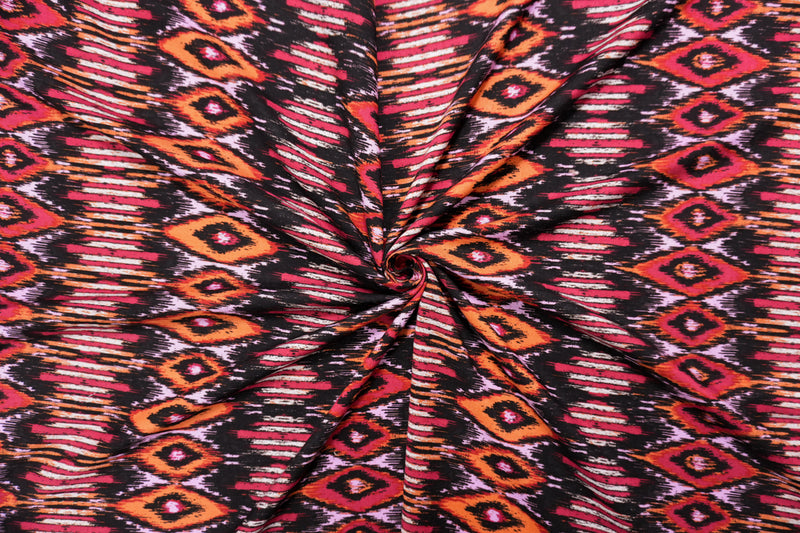 Orange-Black-Multi Rayon Ikat Printed Challis Woven Fabric