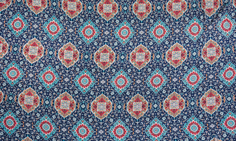 Blue Rayon Floral Moroccan Washable Print Challis Woven Fabric