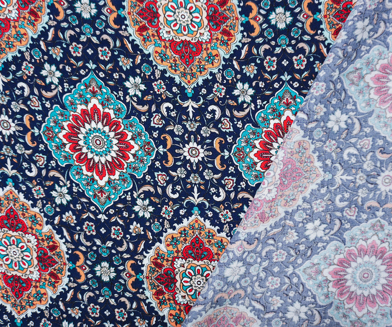 Blue Rayon Floral Moroccan Washable Print Challis Woven Fabric