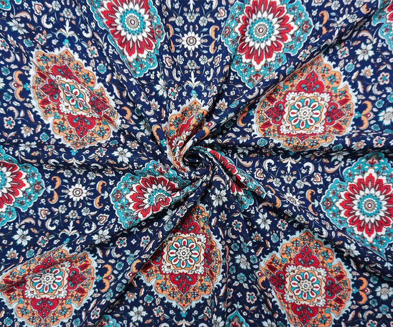 Blue Rayon Floral Moroccan Washable Print Challis Woven Fabric