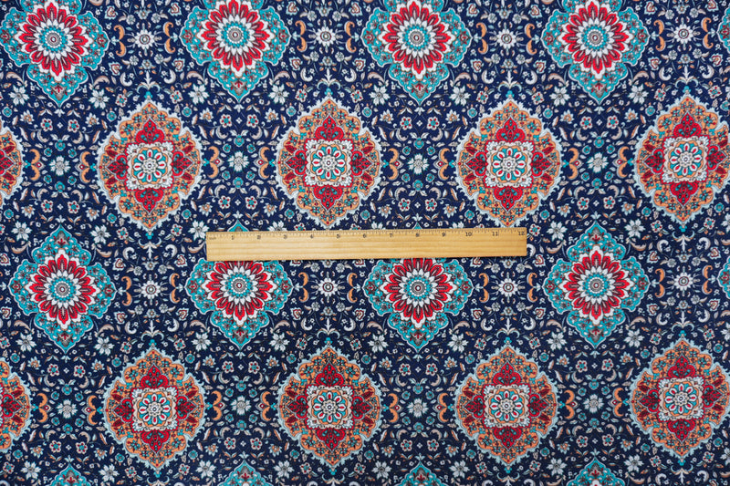 Blue Rayon Floral Moroccan Washable Print Challis Woven Fabric