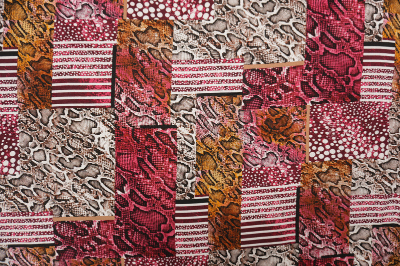 Red-Brown-Multi Rayon Reptile Printed Challis Woven Fabric