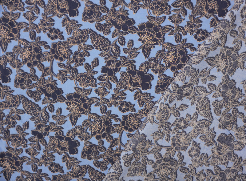 Blue-Orange Rayon Floral Printed Challis Woven Fabric