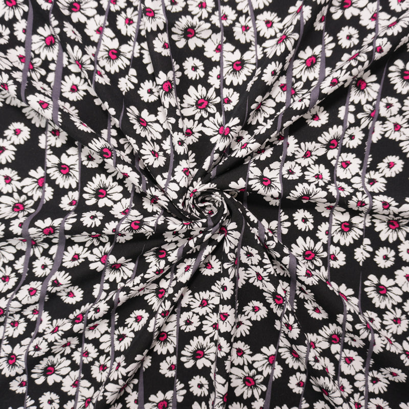 Black-White-Pink Rayon Floral Printed Challis Woven Fabric