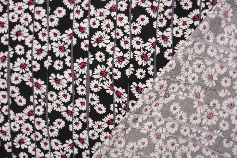 Black-White-Pink Rayon Floral Printed Challis Woven Fabric