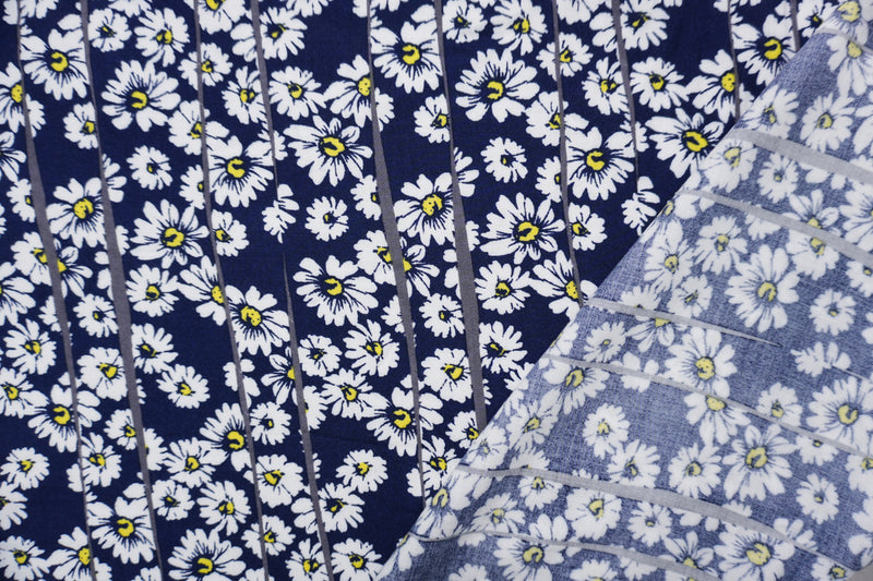 Blue-White-Yellow Rayon Floral Printed Challis Woven Fabric