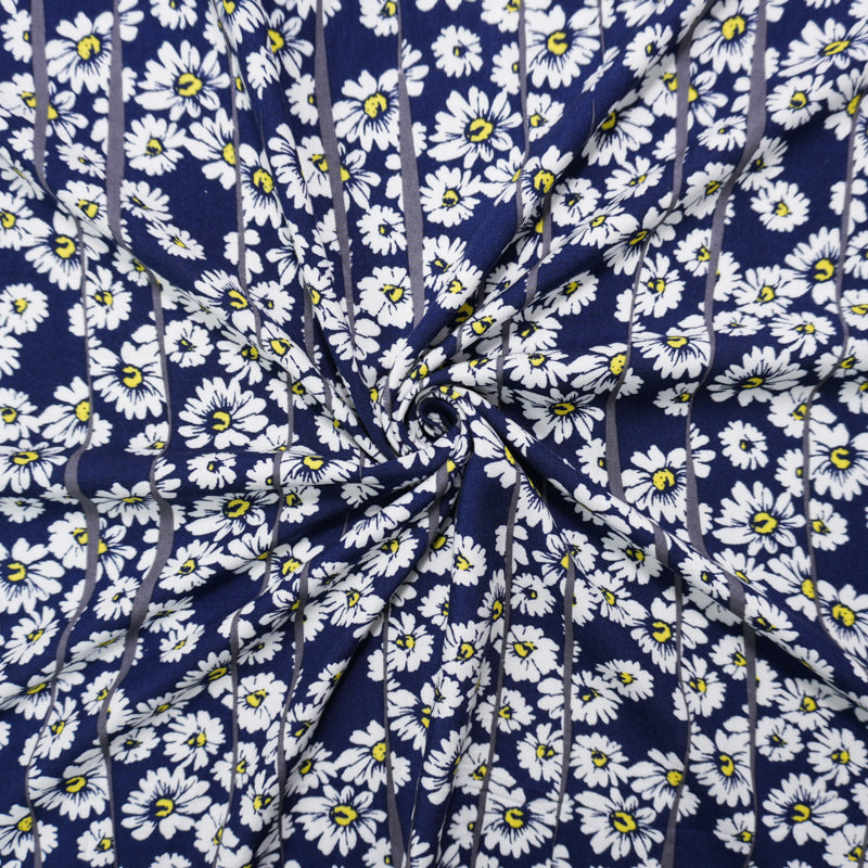 Blue-White-Yellow Rayon Floral Printed Challis Woven Fabric