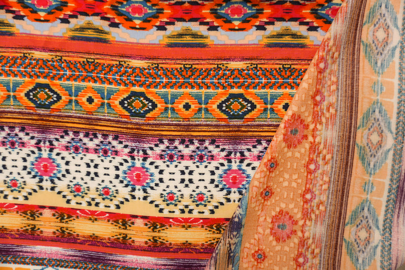 Orange-Yellow-Multi Rayon Aztec Printed Challis Woven Fabric