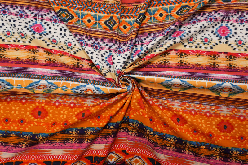 Orange-Yellow-Multi Rayon Aztec Printed Challis Woven Fabric