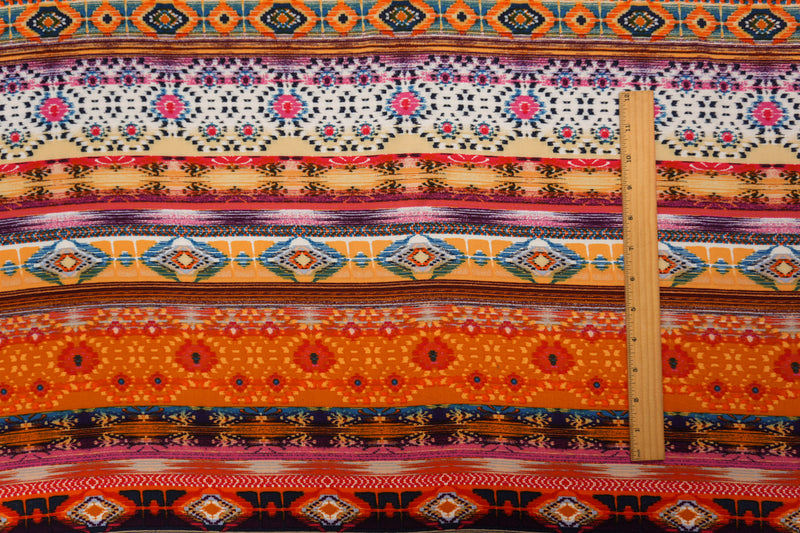 Orange-Yellow-Multi Rayon Aztec Printed Challis Woven Fabric