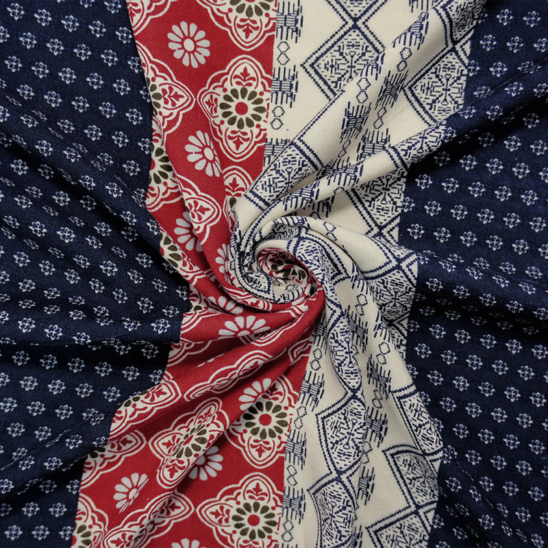Blue-Multi Rayon Multi Nordic Striped Print Challis Woven Fabric