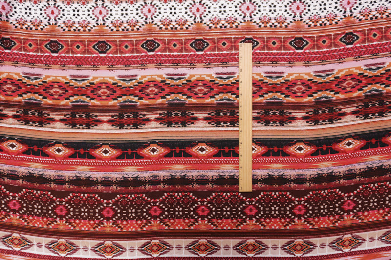 Red-Black-Multi Rayon Aztec Ikat Printed Challis Woven Fabric