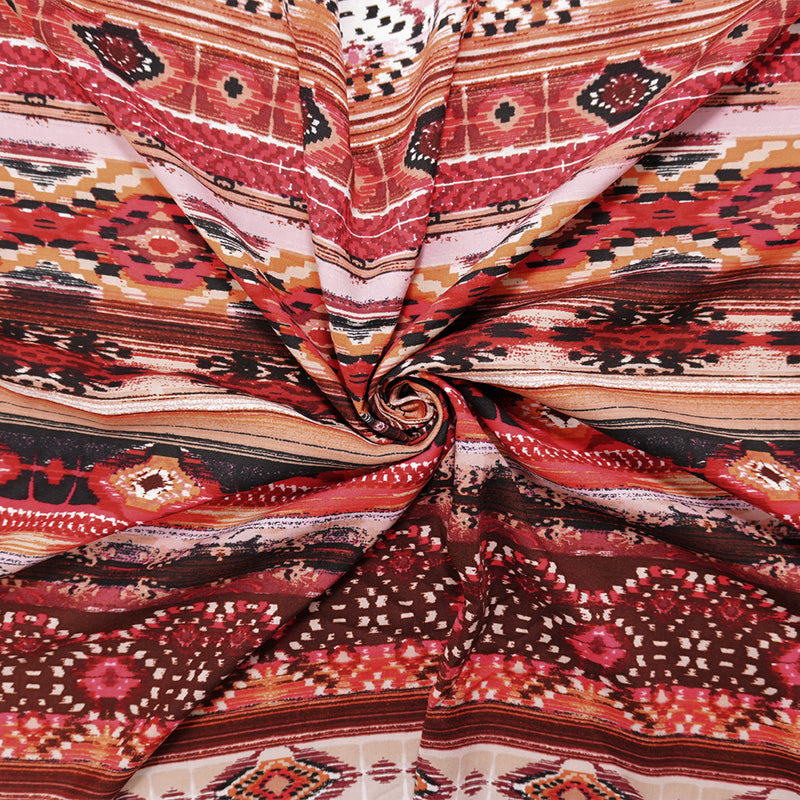 Red-Black-Multi Rayon Aztec Ikat Printed Challis Woven Fabric