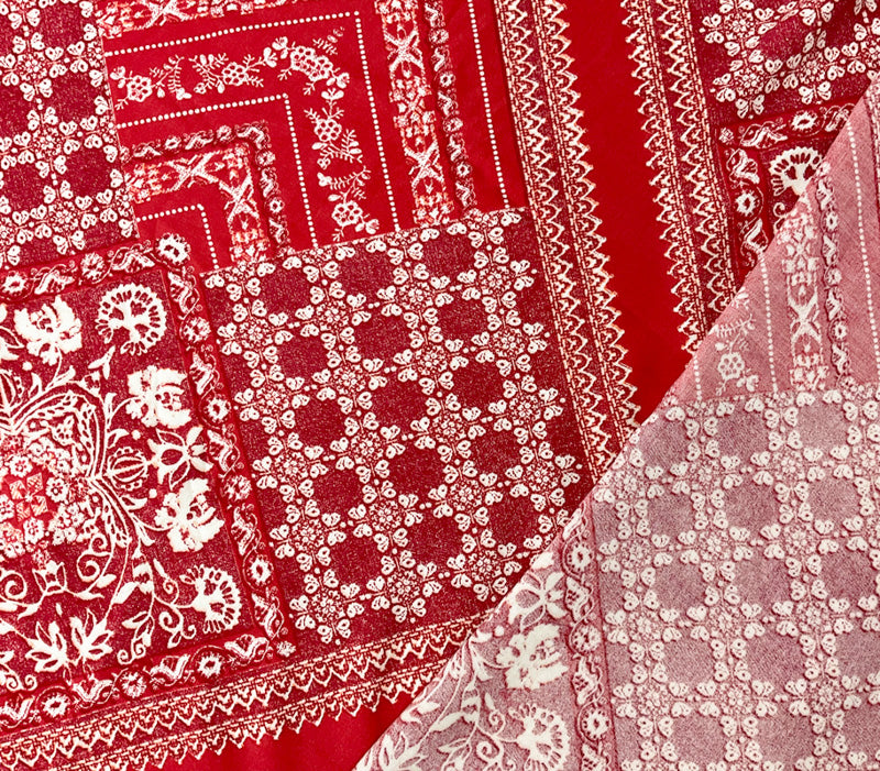 Red-White-Orange Rayon Floral Bandana Printed Challis Woven Fabric