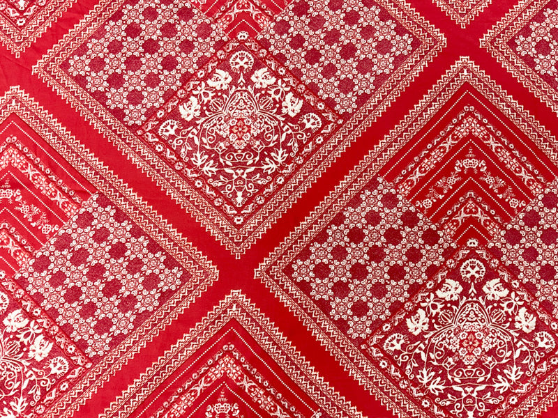 Red-White-Orange Rayon Floral Bandana Printed Challis Woven Fabric