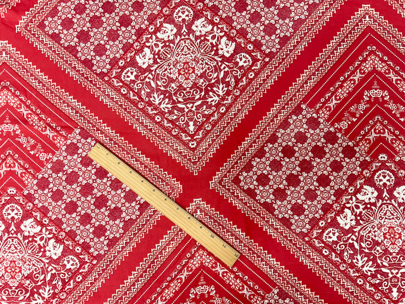 Red-White-Orange Rayon Floral Bandana Printed Challis Woven Fabric