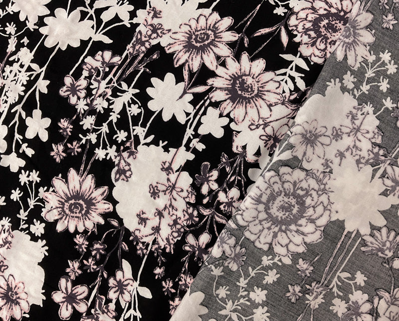 Black-White-Multi Rayon Floral Printed Challis Woven Fabric