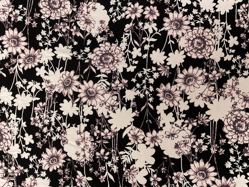 Black-White-Multi Rayon Floral Printed Challis Woven Fabric