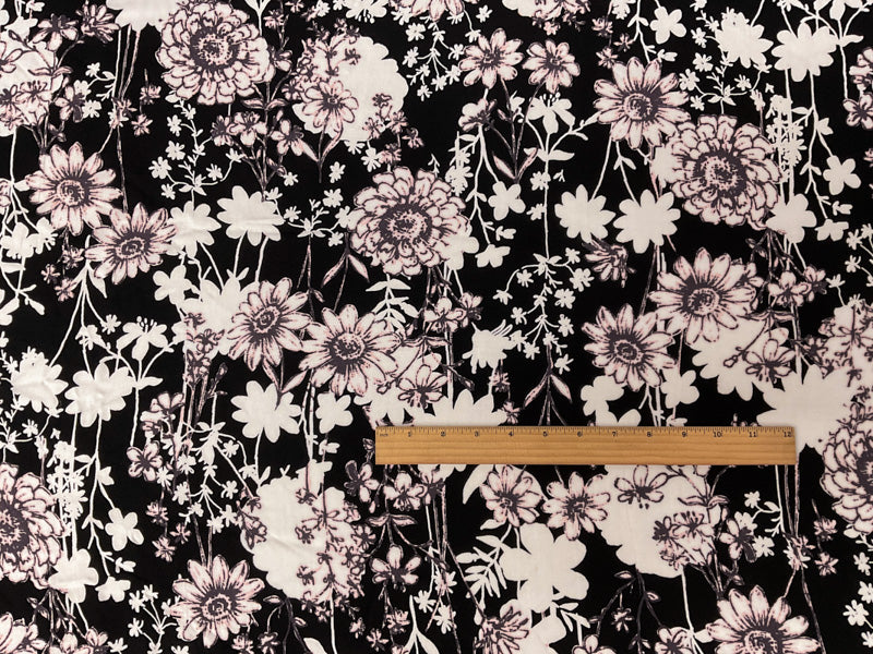 Black-White-Multi Rayon Floral Printed Challis Woven Fabric