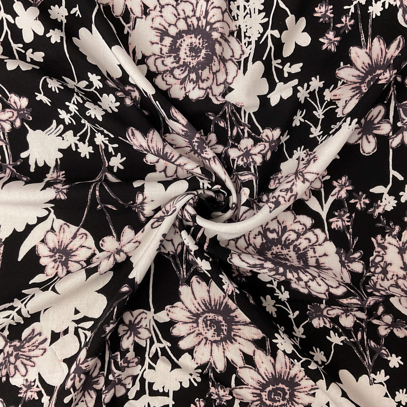 Black-White-Multi Rayon Floral Printed Challis Woven Fabric