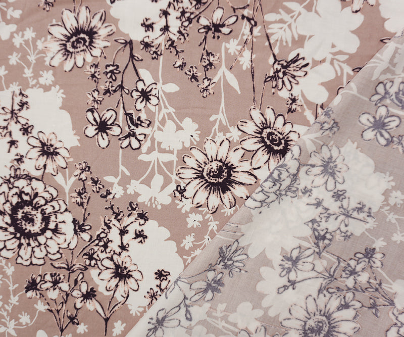 Brown-White-Multi Rayon Floral Printed Challis Woven Fabric