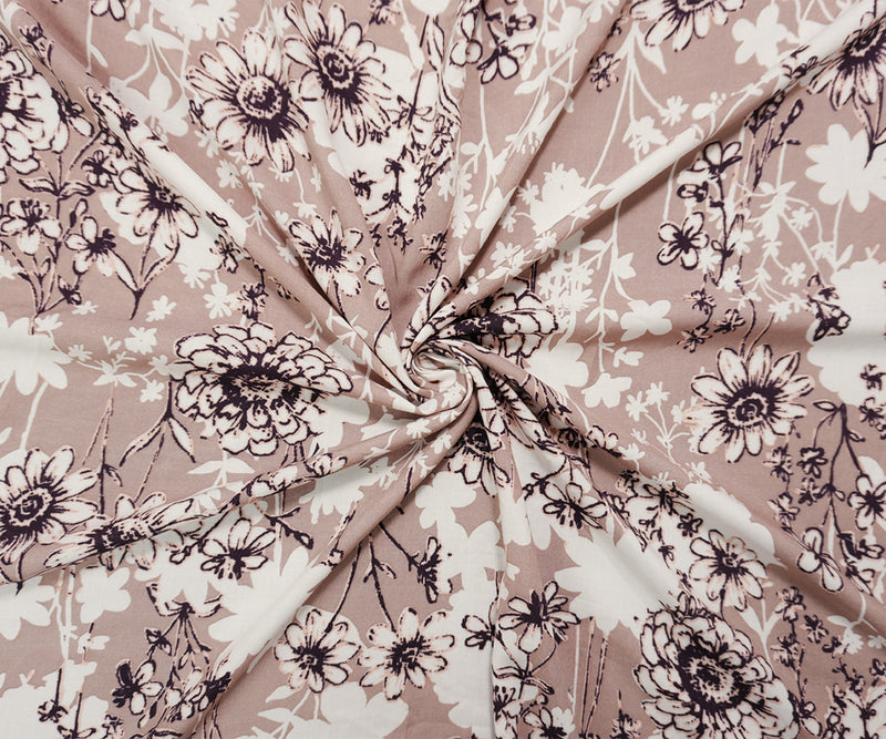 Brown-White-Multi Rayon Floral Printed Challis Woven Fabric