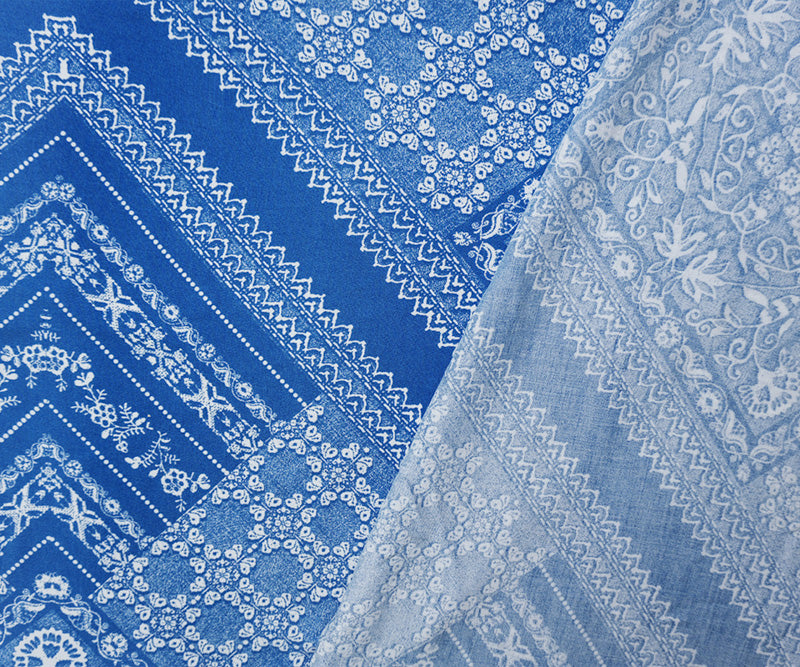 Blue-Ivory Rayon Floral Bandana Printed Challis Woven Fabric