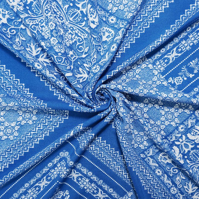 Blue-Ivory Rayon Floral Bandana Printed Challis Woven Fabric