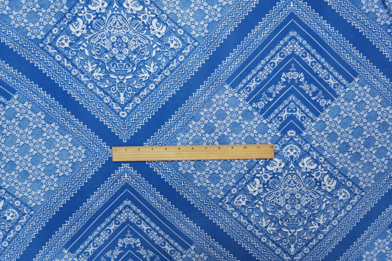 Blue-Ivory Rayon Floral Bandana Printed Challis Woven Fabric