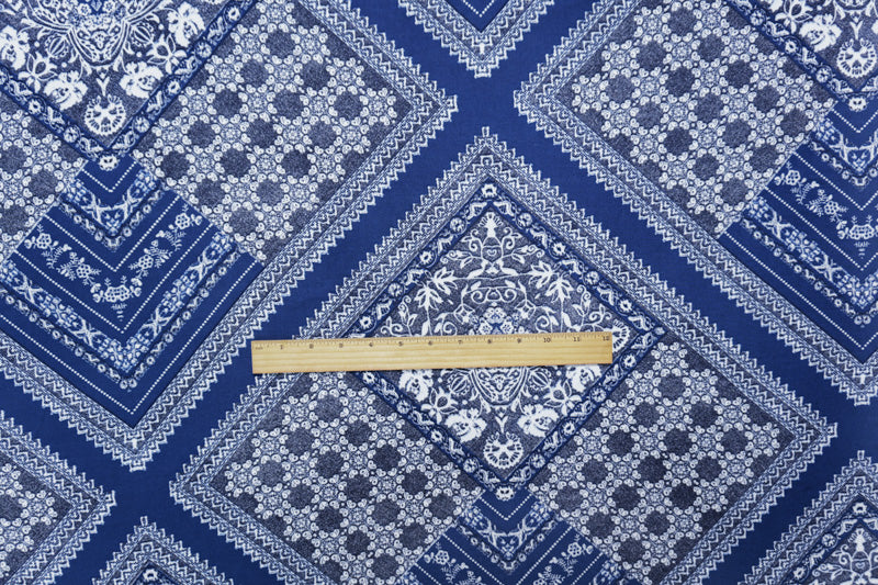 Blue-White Rayon Floral Bandana Printed Challis Woven Fabric