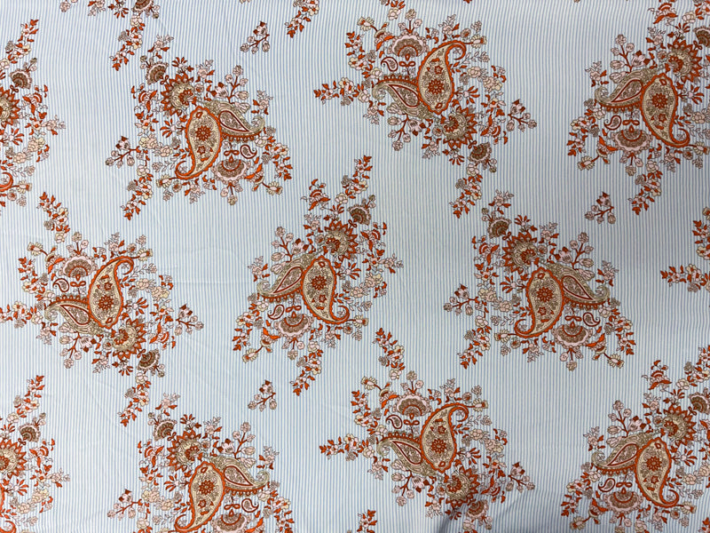 Blue-White-Multi Rayon Paisley Stripe Printed Challis Woven Fabric