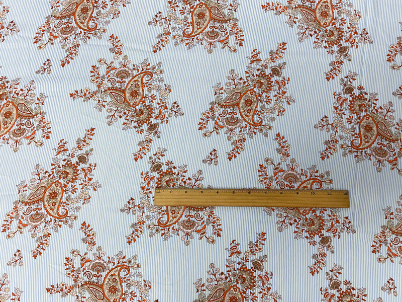 Blue-White-Multi Rayon Paisley Stripe Printed Challis Woven Fabric